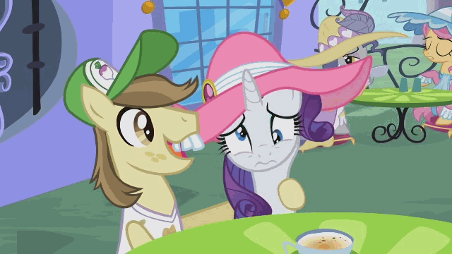 Size: 640x360 | Tagged: safe, screencap, character:hayseed turnip truck, character:rarity, character:silver frames, character:swan song, species:earth pony, species:pony, species:unicorn, episode:sweet and elite, g4, my little pony: friendship is magic, animated, bucktooth, clothing, female, gif, hat, male, mare, shaking, stallion, swan dive, talking