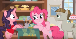 Size: 829x428 | Tagged: safe, screencap, character:mudbriar, character:pinkie pie, episode:the maud couple, g4, my little pony: friendship is magic, season 8, bakery, jiffy bake, promo, rachael ray, standing up, youtube link