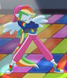 Size: 556x644 | Tagged: safe, screencap, character:rainbow dash, equestria girls:dance magic, g4, my little pony:equestria girls, converse, cropped, dance floor, eyes closed, ponied up, rapper dash, shoes, sneakers