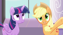 Size: 1280x720 | Tagged: safe, screencap, character:applejack, character:twilight sparkle, character:twilight sparkle (alicorn), species:alicorn, species:pony, episode:princess twilight sparkle, g4, my little pony: friendship is magic, clothing, hat, looking up, window