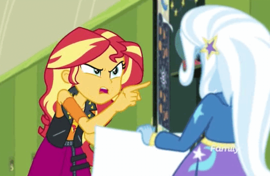 Size: 550x358 | Tagged: safe, screencap, character:sunset shimmer, character:trixie, equestria girls:forgotten friendship, g4, my little pony:equestria girls, angry, animated, clothing, jacket, lockers, loop, school