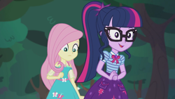Size: 2208x1242 | Tagged: safe, screencap, character:fluttershy, character:twilight sparkle, character:twilight sparkle (scitwi), species:eqg human, episode:stressed in show, g4, my little pony:equestria girls, bow tie, butterfly, cute, geode of fauna, geode of telekinesis, glasses, happy, looking down, magical geodes, open mouth, ponytail, stressed in show: fluttershy, twiabetes