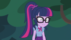 Size: 2208x1242 | Tagged: safe, screencap, character:twilight sparkle, character:twilight sparkle (scitwi), species:eqg human, episode:stressed in show, g4, my little pony:equestria girls, bow tie, geode of telekinesis, glasses, magical geodes, ponytail, solo, stressed, stressed in show: fluttershy