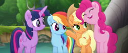 Size: 1920x804 | Tagged: safe, screencap, character:applejack, character:pinkie pie, character:rainbow dash, character:twilight sparkle, character:twilight sparkle (alicorn), species:alicorn, species:pony, my little pony: the movie (2017), eyes closed