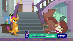 Size: 1280x720 | Tagged: safe, screencap, character:smolder, character:yona, species:dragon, species:yak, episode:school daze, g4, my little pony: friendship is magic, cloven hooves, duo, duo female, female, shocked, tripping, unamused