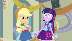 Size: 1920x1080 | Tagged: safe, screencap, character:applejack, character:twilight sparkle, equestria girls:equestria girls, g4, my little pony:equestria girls, apple cider (drink), balloon, canterlot high, clothing, gym, speaker, streamers