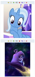 Size: 255x557 | Tagged: safe, artist:phoenixperegrine, screencap, character:starlight glimmer, character:trixie, species:pony, species:unicorn, derpibooru, episode:all bottled up, g4, my little pony: friendship is magic, clothing, cute, diatrixes, duo, female, glimmerbetes, hat, juxtaposition, mare, meta, pointing, rocket, space, toy interpretation, trixie's hat, trixie's rocket