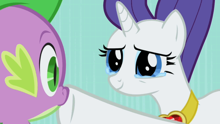Size: 720x405 | Tagged: safe, screencap, character:rarity, character:spike, species:dragon, species:pony, species:unicorn, episode:secret of my excess, g4, my little pony: friendship is magic, animated, eye contact, falling, female, fire ruby, gem, gif, looking at each other, male, mare, peril, ruby