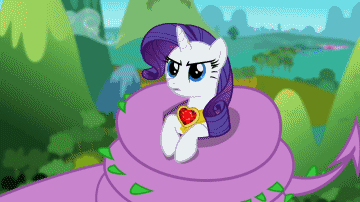 Size: 360x202 | Tagged: safe, screencap, character:rarity, character:spike, species:dragon, species:pony, species:unicorn, episode:secret of my excess, g4, my little pony: friendship is magic, animated, coils, female, fire ruby, frown, gif, glare, holding a pony, male, mare, spikezilla, talking, wide eyes