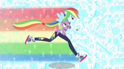 Size: 1024x570 | Tagged: safe, screencap, character:rainbow dash, character:spike, character:spike (dog), species:dog, ship:rainbowspike, my little pony:equestria girls, converse, cute, dashabetes, female, hug, intro, male, running, shipping, shoes, sneakers, spike the dog, straight