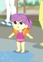 Size: 230x328 | Tagged: safe, screencap, character:bulk biceps, episode:x marks the spot, g4, my little pony:equestria girls, baby, barefoot, clothing, cropped, cute, feet, flip-flops, sandals, swimsuit, water lily (equestria girls), wet