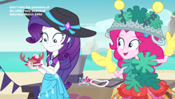 Size: 1920x1080 | Tagged: safe, screencap, character:pinkie pie, character:rarity, species:crab, episode:too hot to handle, g4, my little pony:equestria girls, and then there's rarity, clothing, costume, dress up, geode of shielding, hat, sarong, skirt, swimsuit, that time rarity fashioned a crab