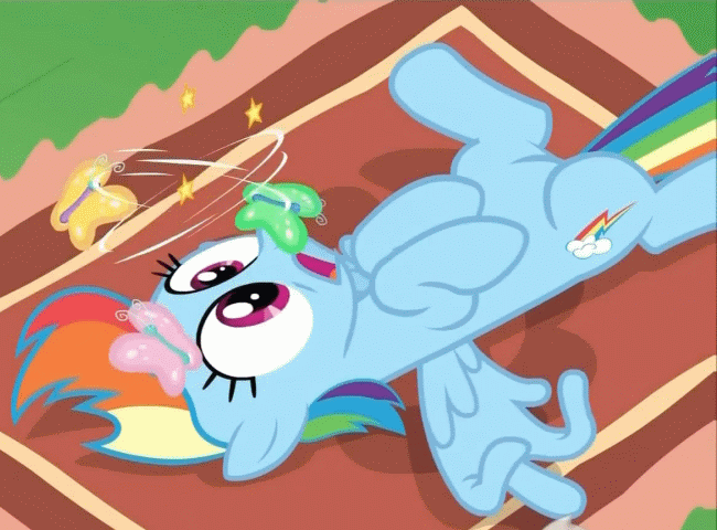 Size: 650x480 | Tagged: safe, screencap, character:rainbow dash, species:pegasus, species:pony, episode:dragon quest, g4, my little pony: friendship is magic, animated, circling stars, cropped, dizzy, female, gif, leg twitch, loop, mare, on back, solo, twitch