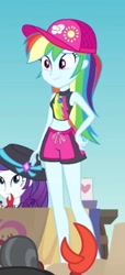 Size: 206x450 | Tagged: safe, screencap, character:rainbow dash, episode:too hot to handle, g4, my little pony:equestria girls, beach, bikini, bikini top, cap, clothing, cropped, cute, dashabetes, geode of super speed, hat, magical geodes, shorts, swimming trunks, swimsuit