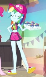 Size: 263x438 | Tagged: safe, screencap, character:rainbow dash, episode:too hot to handle, g4, my little pony:equestria girls, barefoot, bikini, bikini top, cap, clothing, cropped, cute, dashabetes, eyes closed, feet, flip-flops, geode of super speed, hat, magical geodes, sandals, show off, snowcone, swimming trunks, swimsuit, tray