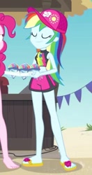 Size: 234x443 | Tagged: safe, screencap, character:rainbow dash, episode:too hot to handle, g4, my little pony:equestria girls, bikini, bikini top, cap, clothing, cropped, cute, dashabetes, eyes closed, feet, female, flip-flops, geode of super speed, hat, magical geodes, sandals, smiling, snowcone, swimming trunks, swimsuit, tray