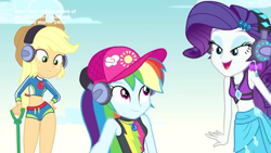 Size: 1920x1080 | Tagged: safe, screencap, character:applejack, character:rainbow dash, character:rarity, episode:lost and found, g4, my little pony:equestria girls, clothing, cute, dashabetes, hips, jackabetes, phone, raribetes, swimsuit, trio