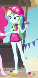 Size: 219x450 | Tagged: safe, screencap, character:rainbow dash, episode:too hot to handle, g4, my little pony:equestria girls, bikini, bikini top, cap, clothing, cropped, cute, dashabetes, feet, flip-flops, geode of super speed, hat, magical geodes, sandals, snowcone, swimming trunks, swimsuit