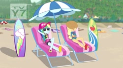 Size: 1024x567 | Tagged: safe, screencap, character:applejack, character:rainbow dash, episode:lost and found, g4, my little pony:equestria girls, bikini, cap, clothing, cute, dashabetes, feet, flip-flops, hat, jackabetes, sandals, sexy, sunglasses, surfboard, swimming trunks, swimsuit, tv-y7, umbrella