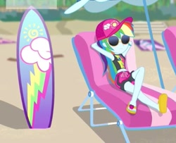 Size: 466x378 | Tagged: safe, screencap, character:rainbow dash, episode:lost and found, g4, my little pony:equestria girls, bikini, bikini top, cap, clothing, cropped, cute, dashabetes, feet, hat, implied starlight glimmer, sandals, sunglasses, surfboard, swimsuit