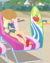 Size: 318x402 | Tagged: safe, screencap, character:applejack, episode:lost and found, g4, my little pony:equestria girls, bikini, clothing, cropped, cute, feet, jackabetes, sandals, solo, surfboard, swimsuit