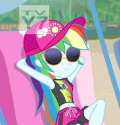 Size: 538x563 | Tagged: safe, screencap, character:rainbow dash, episode:lost and found, g4, my little pony:equestria girls, belly button, bikini, bikini top, cap, clothing, cropped, cute, dashabetes, hat, midriff, sexy, sunglasses, swimming trunks, swimsuit