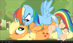 Size: 931x552 | Tagged: safe, screencap, character:applejack, character:rainbow dash, species:earth pony, species:pegasus, species:pony, episode:the return of harmony, g4, my little pony: friendship is magic, duo, duo female, eye contact, female, looking at each other, mare, on back, out of context