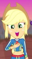Size: 356x656 | Tagged: safe, screencap, character:applejack, my little pony:equestria girls, aww... baby turtles, belly button, bikini, clothing, cropped, cute, hand on chest, jackabetes, midriff, solo, swimsuit