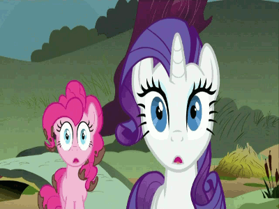 Size: 400x300 | Tagged: safe, screencap, character:pinkie pie, character:rarity, species:earth pony, species:pony, species:unicorn, episode:putting your hoof down, g4, my little pony: friendship is magic, :o, animated, dirty, duo, eye shimmer, faint, falling down, female, gif, legs in air, mare, mud, on back, open mouth, reaction image, shocked, wide eyes, wrong aspect ratio
