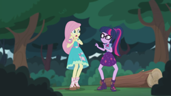 Size: 2208x1242 | Tagged: safe, screencap, character:fluttershy, character:twilight sparkle, character:twilight sparkle (scitwi), species:eqg human, episode:stressed in show, g4, my little pony:equestria girls, boots, bow tie, butterfly, clothing, geode of telekinesis, glasses, gritted teeth, log, magical geodes, mud, muddy, open mouth, ponytail, shoes, skirt, stressed, stressed in show: fluttershy