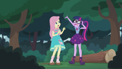 Size: 2208x1242 | Tagged: safe, screencap, character:fluttershy, character:twilight sparkle, character:twilight sparkle (scitwi), species:eqg human, episode:stressed in show, g4, my little pony:equestria girls, boots, butterfly, clothing, geode of telekinesis, glasses, log, magical geodes, mud, muddy, open mouth, ponytail, shoes, skirt, stressed, stressed in show: fluttershy