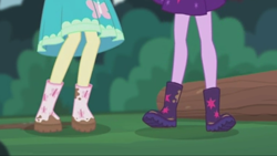 Size: 2208x1242 | Tagged: safe, screencap, character:fluttershy, character:twilight sparkle, character:twilight sparkle (scitwi), species:eqg human, episode:stressed in show, g4, my little pony:equestria girls, boots, butterfly, legs, log, mud, muddy, pictures of legs, shoes, stressed in show: fluttershy