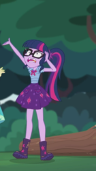 Size: 1242x2208 | Tagged: safe, screencap, character:twilight sparkle, character:twilight sparkle (scitwi), species:eqg human, episode:stressed in show, g4, my little pony:equestria girls, boots, bow tie, clothing, geode of telekinesis, glasses, log, magical geodes, mud, muddy, open mouth, ponytail, shoes, skirt, stressed, stressed in show: fluttershy