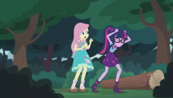 Size: 2208x1242 | Tagged: safe, screencap, character:fluttershy, character:twilight sparkle, character:twilight sparkle (scitwi), species:eqg human, episode:stressed in show, g4, my little pony:equestria girls, boots, butterfly, clothing, eyes closed, geode of telekinesis, glasses, gritted teeth, log, magical geodes, mud, muddy, open mouth, ponytail, shoes, skirt, stressed in show: fluttershy