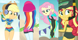Size: 3914x2048 | Tagged: safe, screencap, character:applejack, character:fluttershy, character:rainbow dash, character:sunset shimmer, episode:lost and found, episode:too hot to handle, episode:unsolved selfie mysteries, g4, my little pony:equestria girls, adorasexy, aww... baby turtles, beach, belly button, bikini, clothing, cropped, cute, diving goggles, female, geode of super strength, headphones, hips, jackabetes, looking back, midriff, rainbutt dash, rear view, sexy, shimmerbetes, shorts, shovel, shyabetes, snorkel, solo, swimming trunks, swimsuit, thigh gap, thighs