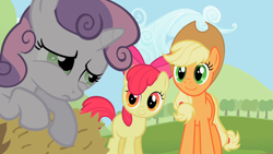 Size: 1280x720 | Tagged: safe, screencap, character:apple bloom, character:applejack, character:sweetie belle, episode:sisterhooves social, g4, my little pony: friendship is magic, clothing, hat, hay bale, smiling