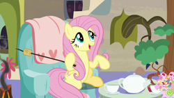 Size: 1280x720 | Tagged: safe, screencap, character:fluttershy, species:pegasus, species:pony, episode:discordant harmony, g4, my little pony: friendship is magic, butterfly net, candy, cup, cute, female, food, mare, shyabetes, sitting, smoke, solo, teacup, teapot