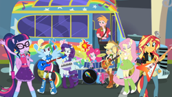 Size: 1920x1080 | Tagged: safe, screencap, character:applejack, character:big mcintosh, character:fluttershy, character:pinkie pie, character:rainbow dash, character:rarity, character:sunset shimmer, character:twilight sparkle, character:twilight sparkle (scitwi), species:eqg human, episode:get the show on the road, eqg summertime shorts, g4, my little pony:equestria girls, balloon, bass guitar, boots, bow tie, bracelet, bus, clothing, compression shorts, cowboy boots, cowboy hat, denim skirt, drum kit, drums, drumsticks, electric guitar, eyes closed, female, flying v, geode of empathy, geode of fauna, geode of shielding, geode of sugar bombs, geode of super speed, geode of super strength, geode of telekinesis, glasses, guitar, hat, high heel boots, humane five, humane seven, humane six, it begins, jacket, jewelry, keytar, leather jacket, magical geodes, male, microphone, musical instrument, ponied up, pony ears, pony history, ponytail, rainbow, raised leg, school bus, scitwilicorn, shoes, skirt, socks, sparkles, spoiler, stetson, sun, sunset shredder, the rainbooms, wings, wristband