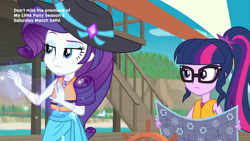 Size: 1920x1080 | Tagged: safe, screencap, character:rarity, character:twilight sparkle, character:twilight sparkle (scitwi), species:eqg human, episode:the salty sails, g4, my little pony:equestria girls, clothing, duo, geode of shielding, geode of telekinesis, glasses, hat, lifejacket, magical geodes, map, ponytail, sun hat, swimsuit
