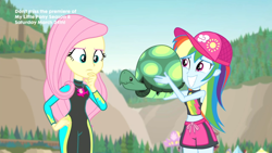 Size: 1366x768 | Tagged: safe, screencap, character:fluttershy, character:rainbow dash, character:tank, my little pony:equestria girls, aww... baby turtles, beach, belly button, clothing, curvy, cute, dashabetes, hand on hip, hips, midriff, shorts, squee, swimsuit, wetsuit, wide hips