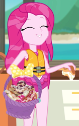 Size: 540x862 | Tagged: safe, screencap, character:pinkamena diane pie, character:pinkie pie, episode:the salty sails, g4, my little pony:equestria girls, basket, beautiful, clothing, cream puff (food), cropped, cute, cuteamena, diapinkes, female, food, geode of sugar bombs, grin, lifejacket, long hair, smiling, solo, swimsuit, wet hair