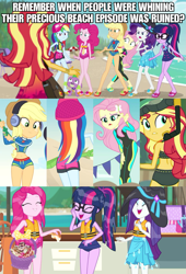 Size: 2043x3011 | Tagged: safe, screencap, character:applejack, character:fluttershy, character:pinkie pie, character:rainbow dash, character:rarity, character:spike, character:spike (dog), character:sunset shimmer, character:twilight sparkle, character:twilight sparkle (scitwi), species:dog, species:eqg human, episode:lost and found, episode:the salty sails, episode:too hot to handle, episode:unsolved selfie mysteries, equestria girls:forgotten friendship, g4, my little pony:equestria girls, adorasexy, aww... baby turtles, beach, belly button, bikini, cap, clothing, cropped, cute, diving goggles, diving suit, feet, female, geode of fauna, geode of shielding, geode of sugar bombs, geode of super speed, geode of super strength, geode of telekinesis, hat, headphones, hilarious in hindsight, hips, image macro, jackabetes, looking back, magical geodes, meme, midriff, rainbutt dash, rear view, sandals, sexy, shimmerbetes, shorts, shovel, shyabetes, snorkel, sun hat, swimming trunks, swimsuit, thighs, wet hair, wetsuit