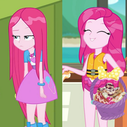 Size: 2048x2048 | Tagged: safe, screencap, character:pinkamena diane pie, character:pinkie pie, episode:monday blues, episode:the salty sails, eqg summertime shorts, g4, my little pony:equestria girls, clothing, comparison, cute, cuteamena, swimsuit, wet hair
