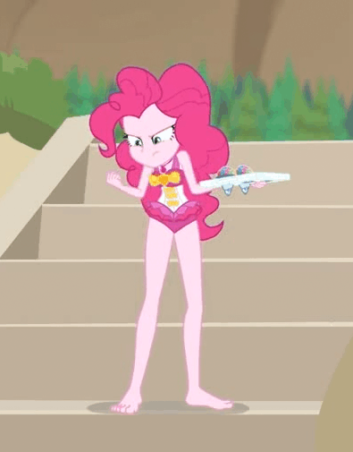 Size: 395x505 | Tagged: safe, screencap, character:pinkie pie, episode:too hot to handle, g4, my little pony:equestria girls, animated, barefoot, clothing, feet, fist shaking, fist up, food, geode of sugar bombs, snow cone, swimsuit