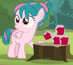 Size: 1168x1044 | Tagged: safe, screencap, character:tulip swirl, species:pegasus, species:pony, episode:marks and recreation, g4, my little pony: friendship is magic, cropped, female, filly, food, jam, jar, solo, tree stump
