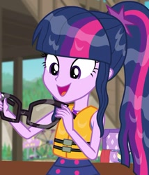 Size: 918x1073 | Tagged: safe, screencap, character:twilight sparkle, character:twilight sparkle (scitwi), species:eqg human, episode:the salty sails, g4, my little pony:equestria girls, clothing, cute, glasses, open mouth, solo, swimsuit, twiabetes, wet hair