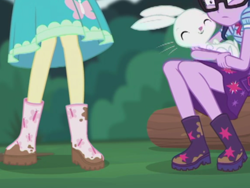 Size: 2048x1536 | Tagged: safe, screencap, character:angel bunny, character:fluttershy, character:twilight sparkle, character:twilight sparkle (scitwi), species:eqg human, episode:stressed in show, g4, my little pony:equestria girls, boots, butterfly, clothing, cropped, dress, glasses, log, mud, muddy, shoes, skirt, stressed in show: fluttershy