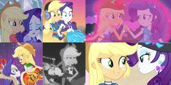 Size: 3643x1816 | Tagged: safe, screencap, character:applejack, character:rarity, episode:lost and found, episode:rarity investigates: the case of the bedazzled boot, equestria girls:equestria girls, equestria girls:legend of everfree, equestria girls:rainbow rocks, g4, my little pony:equestria girls, applejack is not amused, bass guitar, camp fashion show outfit, catching, clothing, comparison, continuity, cropped, cute, drama queen, duo, fall formal outfits, geode of shielding, geode of super strength, glow, grayscale, hat, headphones, jackabetes, magnet, marshmelodrama, monochrome, musical instrument, out of context, ponied up, raribetes, rarity investigates (eqg): applejack, shipping fuel, sparkles, swimsuit, unamused