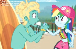 Size: 1051x685 | Tagged: safe, screencap, character:rainbow dash, character:zephyr breeze, episode:blue crushed (a.k.a baewatch), g4, my little pony:equestria girls, belly button, clothing, geode of super speed, gladys, magical geodes, midriff, partial nudity, surfboard, topless