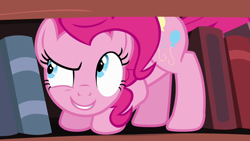 Size: 1280x720 | Tagged: safe, screencap, character:pinkie pie, species:pony, episode:pinkie apple pie, g4, my little pony: friendship is magic, book, bookcase, bookshelf, golden oaks library, smiling, solo